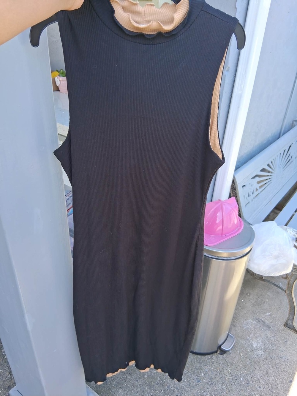 Sleeveless Ribbed Black Dress with Tan Trim